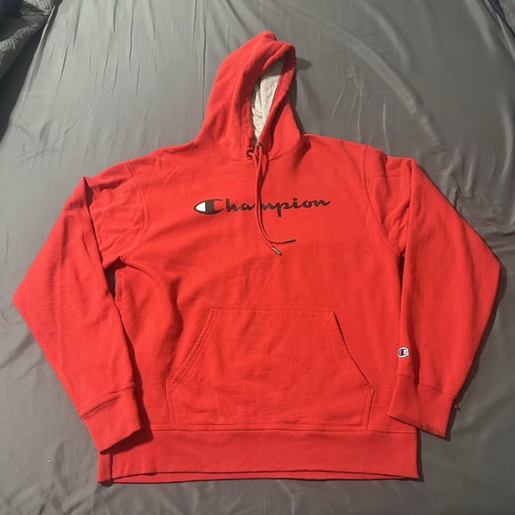 Champion Men's Powerblend Script Logo Fleece Hoodie AR8 Team Red Scarlet Size L - Picture 1 of 9